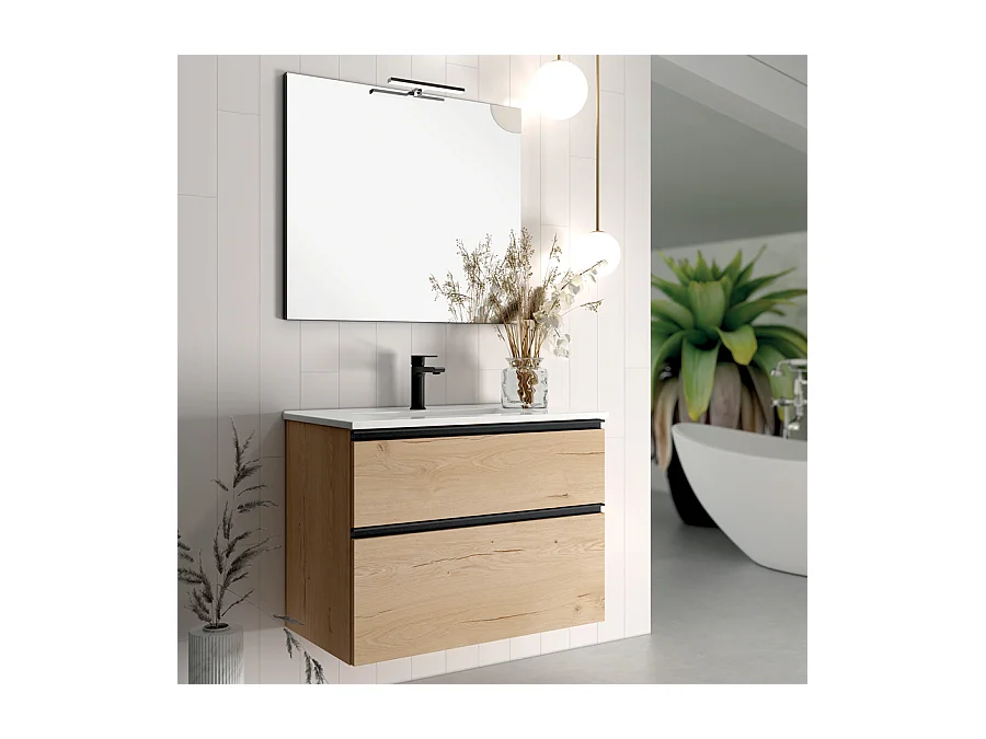Meuble de salle de bain 80 cm simple vasque - 2 tiroirs - CREMA