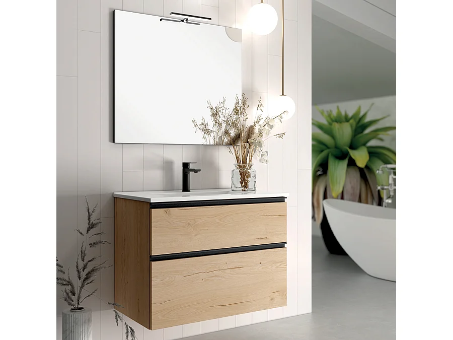 Meuble de salle de bain 80 cm simple vasque - 2 tiroirs - CREMA