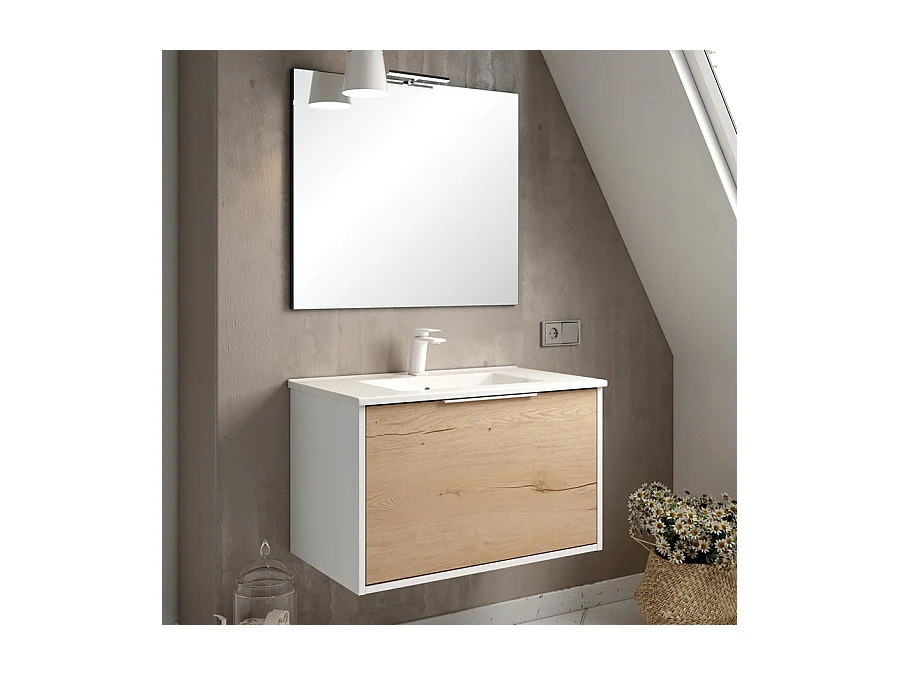 Meuble de salle de bain 80cm simple vasque - 1 façade et 2 tiroirs - ALBA - blanc/roble