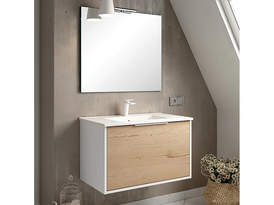 Meuble de salle de bain 80cm simple vasque - 1 façade et 2 tiroirs - ALBA - blanc/roble