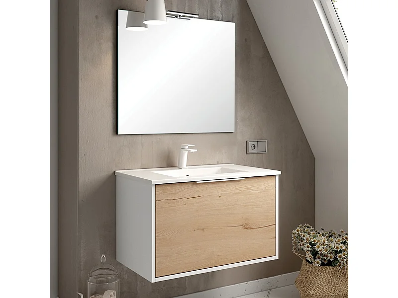 Meuble de salle de bain 80cm simple vasque - 1 façade et 2 tiroirs - ALBA - blanc/roble