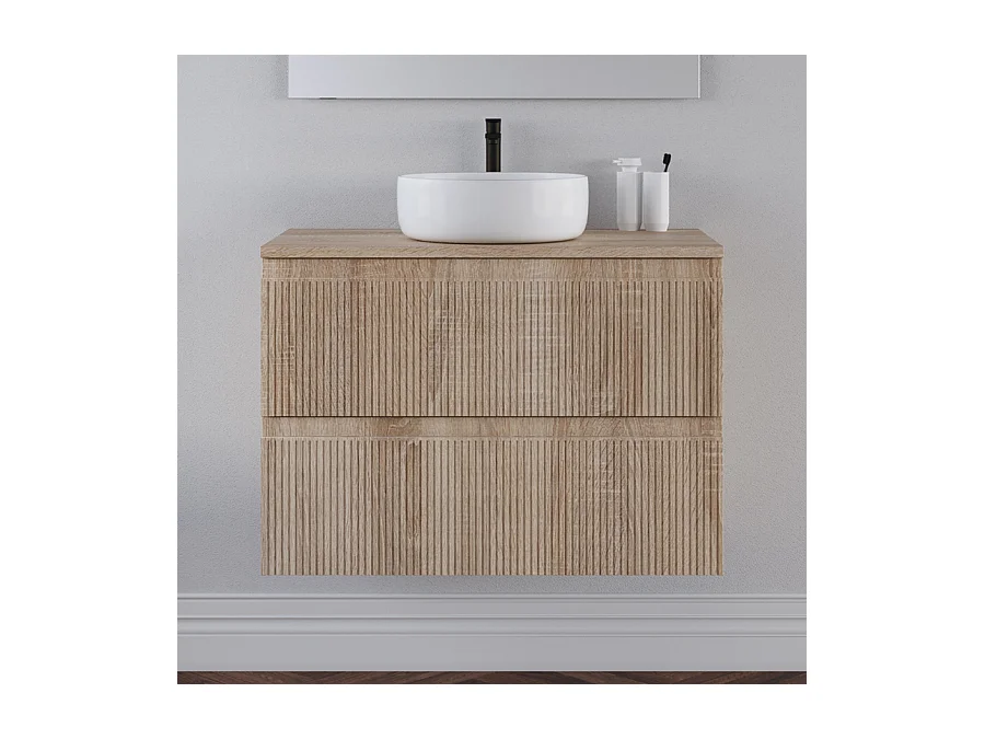 Meuble de salle de bain 80cm avec plateau et vasque à poser ronde - 2 tiroirs - cambrian (chêne clair) - RIBERA