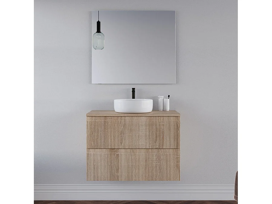 Meuble de salle de bain 80cm avec plateau et vasque à poser ronde - 2 tiroirs - cambrian (chêne clair) - RIBERA