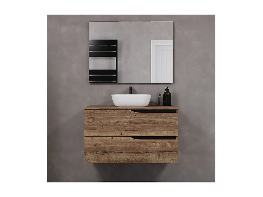 Meuble de salle de bain 90cm avec plateau et vasque à poser zeus - 2 tiroirs - tabaco (chêne foncé) - LUNA