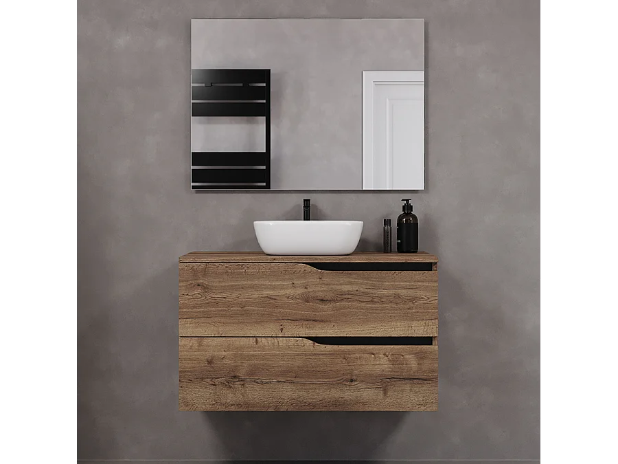 Meuble de salle de bain 90cm avec plateau et vasque à poser zeus - 2 tiroirs - tabaco (chêne foncé) - LUNA