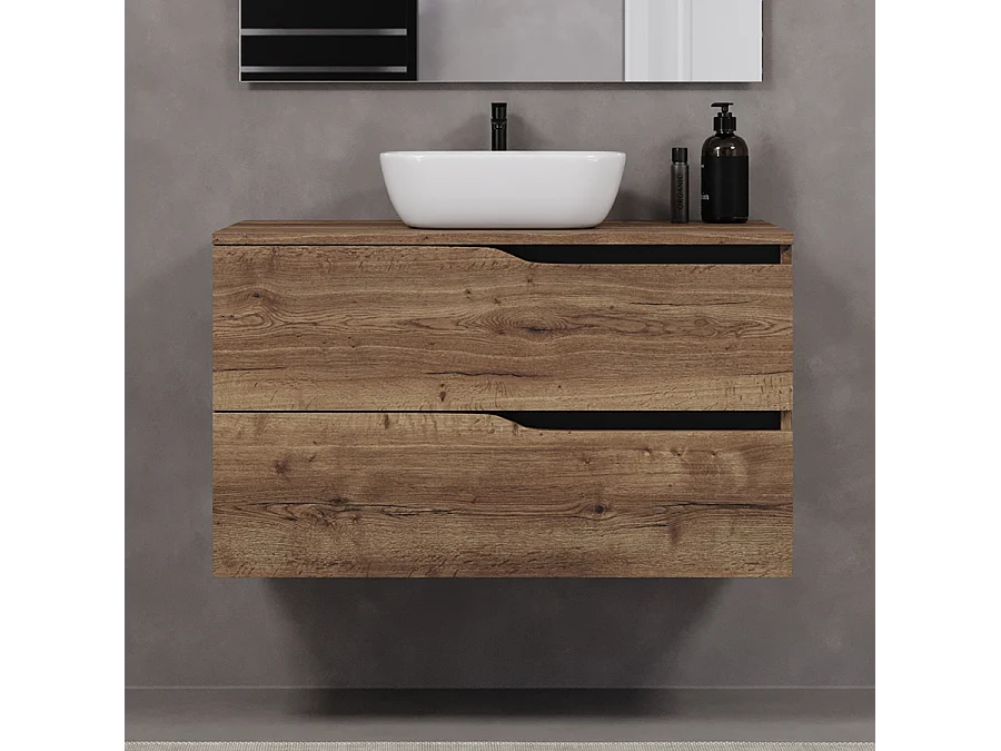 Meuble de salle de bain 90cm avec plateau et vasque à poser zeus - 2 tiroirs - tabaco (chêne foncé) - LUNA