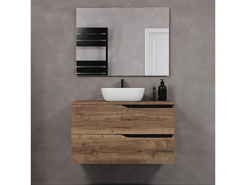 Meuble de salle de bain 90cm avec plateau et vasque à poser zeus - 2 tiroirs - tabaco (chêne foncé) - LUNA