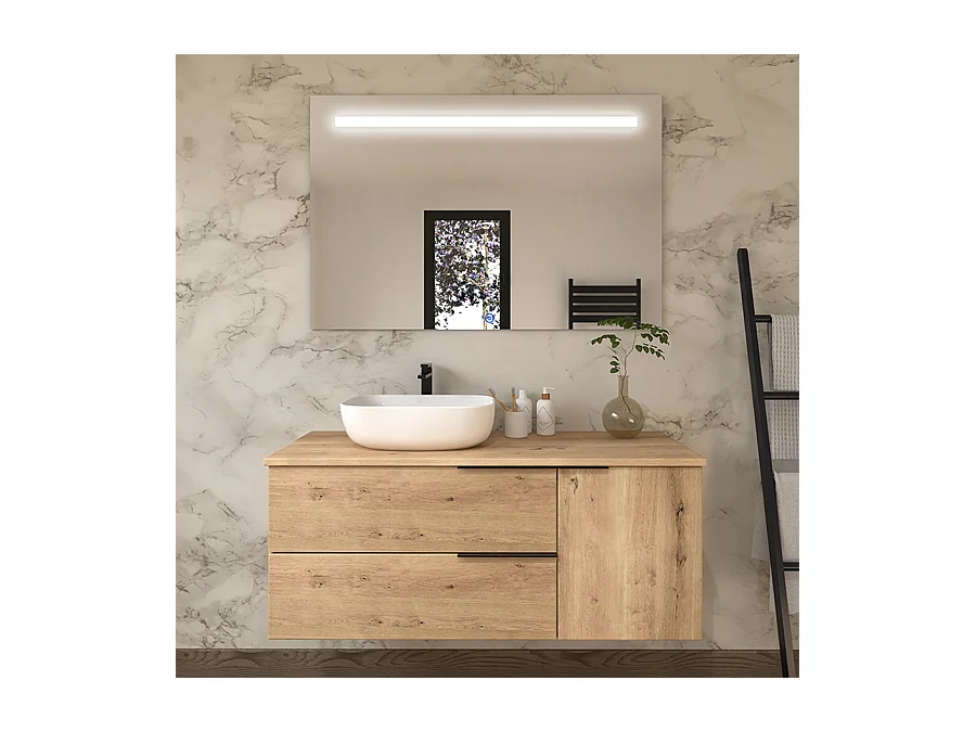 Meuble de salle de bain avec vasque à poser arrondie KING et miroir Led STAM - Roble (chêne clair) - 120cm