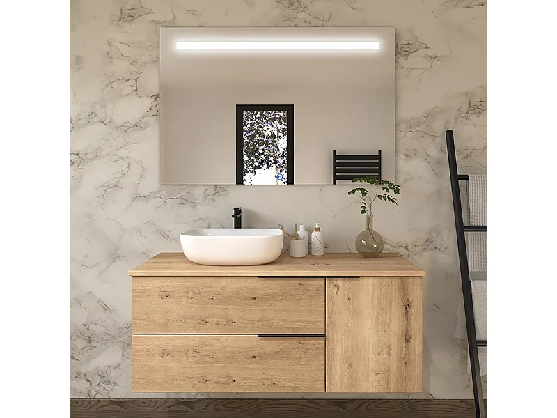 Meuble de salle de bain avec vasque à poser arrondie KING et miroir Led STAM - Roble (chêne clair) - 120cm