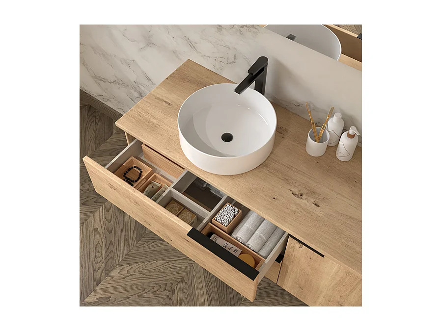 Meuble de salle de bain avec vasque à poser ronde KING - Roble (chêne clair) - 120cm