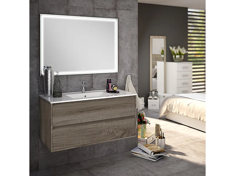 Meuble de salle de bain simple vasque - 2 tiroirs - IRIS et miroir Led VELDI - britannia (chêne foncé) - 100cm