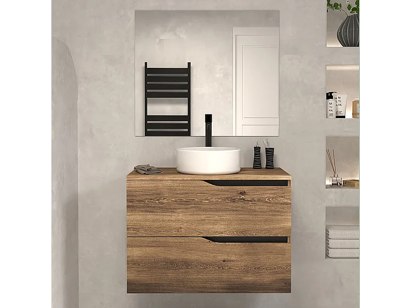 Meuble de salle de bain 70cm avec plateau et vasque à poser - 2 tiroirs - tabaco (bois foncé) - LUNA