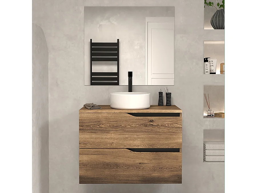Meuble de salle de bain 70cm avec plateau et vasque à poser - 2 tiroirs - tabaco (bois foncé) - LUNA