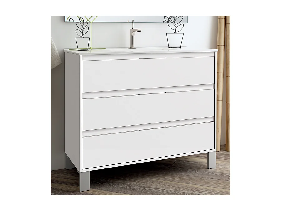 Meuble de salle de bain simple vasque - 3 tiroirs - TIRIS 3C et miroir Led STAM - blanc - 100cm