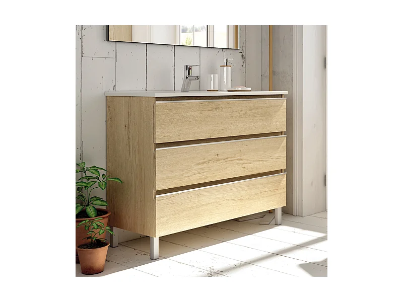 Meuble de salle de bain 60cm simple vasque - 3 tiroirs - sans miroir - PALMA - bambou (chêne clair)