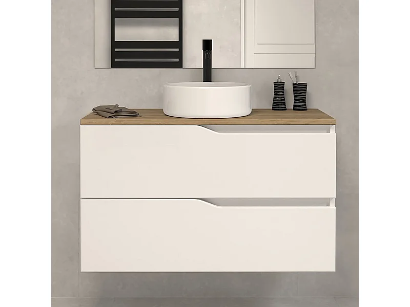 Meuble de salle de bain 80 avec plateau miel et vasque à poser - sans miroir - 2 tiroirs - blanc - LUNA