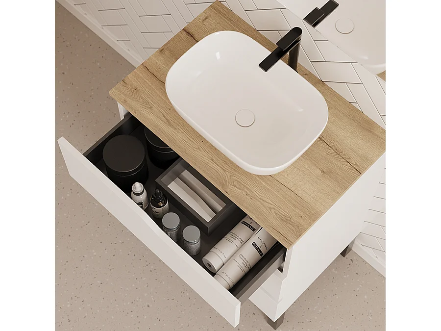 Meuble de salle de bain 80cm avec plateau miel et vasque à poser zeus - 3 tiroirs - blanc - MATA