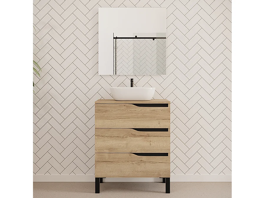Meuble de salle de bain 80cm avec plateau miel et vasque à poser zeus - 3 tiroirs - blanc - MATA