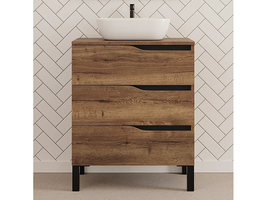Meuble de salle de bain 80cm avec plateau et vasque à poser zeus - 3 tiroirs - sans miroir - tabaco (chêne foncé) - MATA