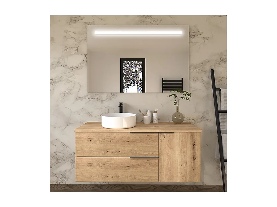 Meuble de salle de bain KING avec vasque à poser ronde et miroir Led STAM - Roble (chêne clair) - 120cm