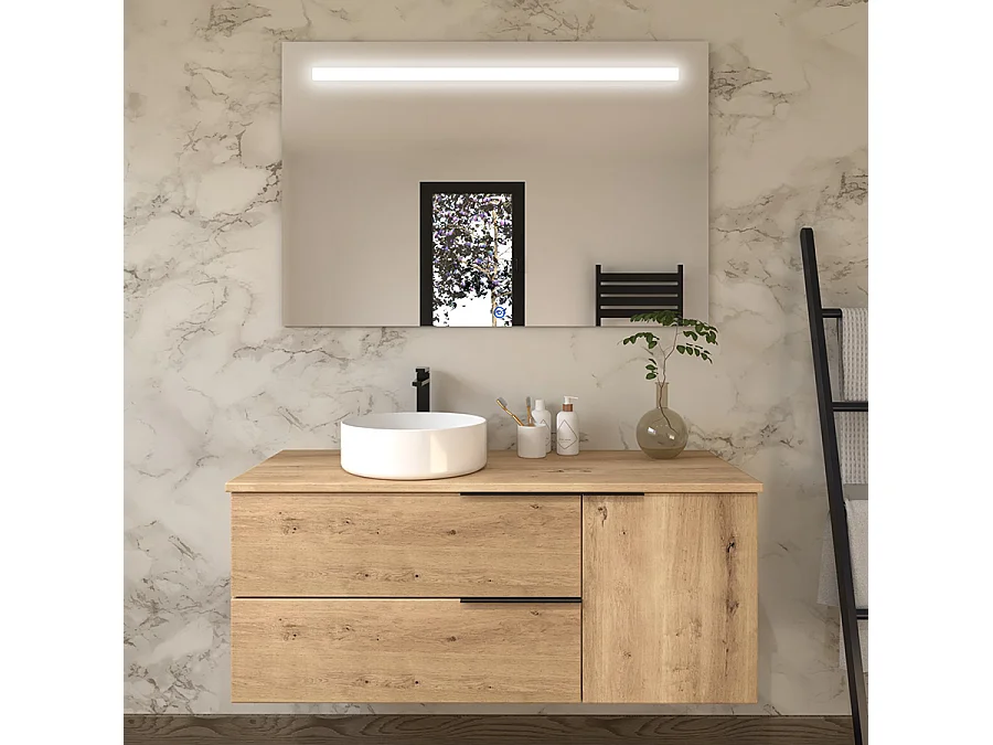 Meuble de salle de bain KING avec vasque à poser ronde et miroir Led STAM - Roble (chêne clair) - 120cm