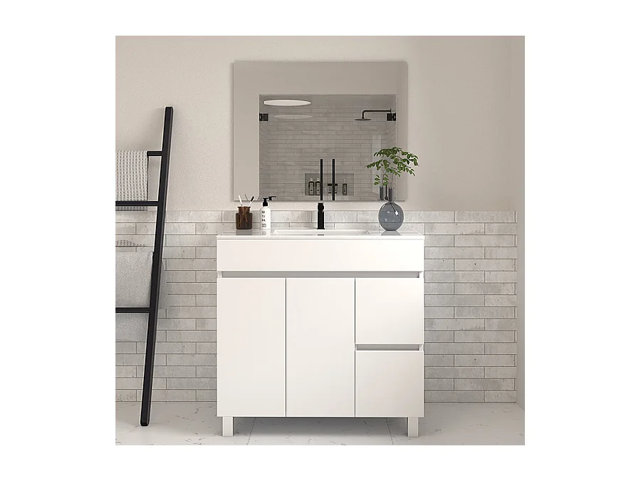 Meuble de salle de bain 80cm simple vasque sur pieds avec portes et tiroirs - blanc - HARO