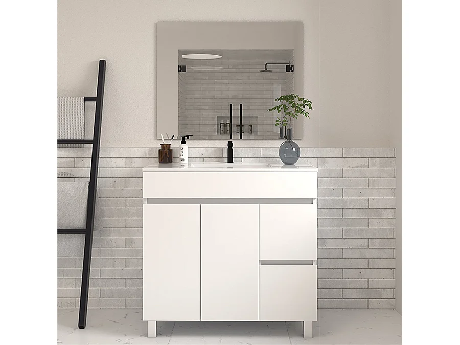 Meuble de salle de bain 80cm simple vasque sur pieds avec portes et tiroirs - blanc - HARO