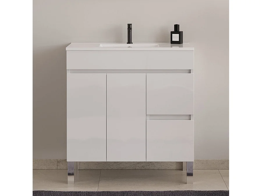 Meuble de salle de bain 80cm simple vasque sur pieds avec portes et tiroirs - blanc - HARO