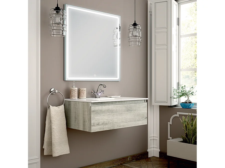 Meuble de salle de bain simple vasque - 1 tiroir - PENA et miroir Led VELDI - Coral - 80cm