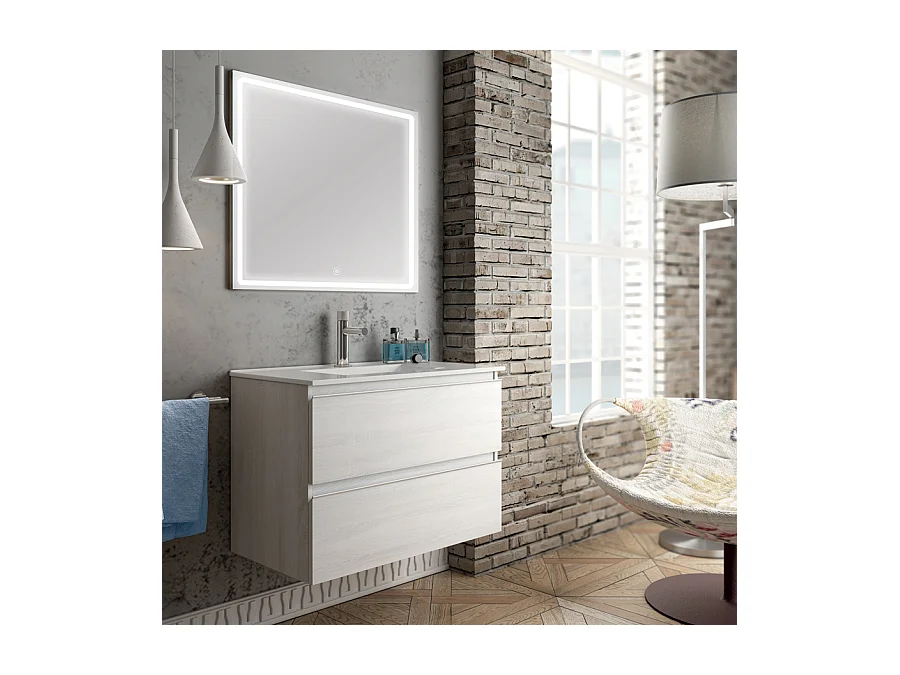 Meuble de salle de bain simple vasque - 2 tiroirs - BALEA et miroir Led VELDI - hibernian (bois blanchi) - 100cm