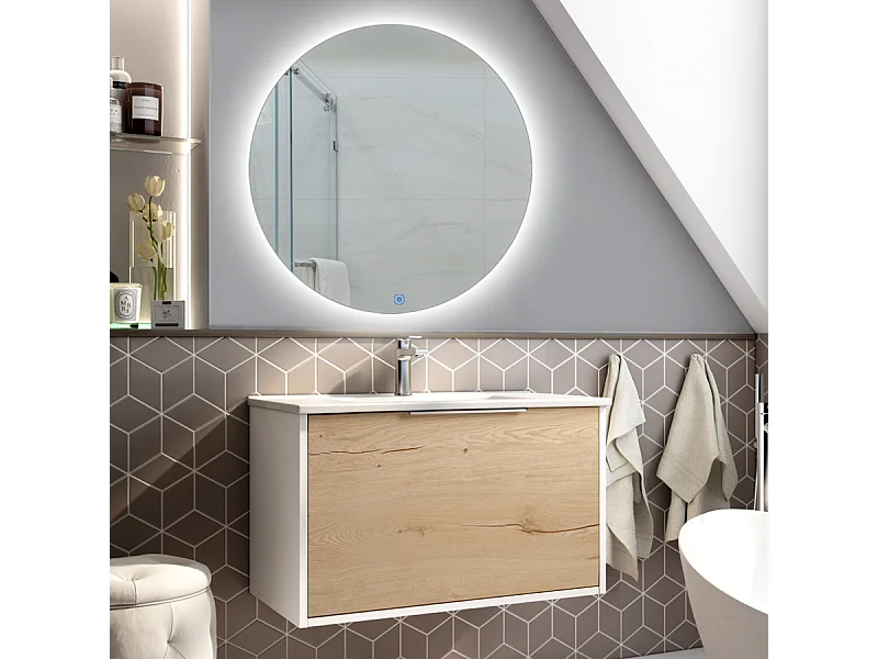 Meuble de salle de bain simple vasque - 1 façade et 2 tiroirs - ALBA et miroir rond SOLEN - blanc - 80cm