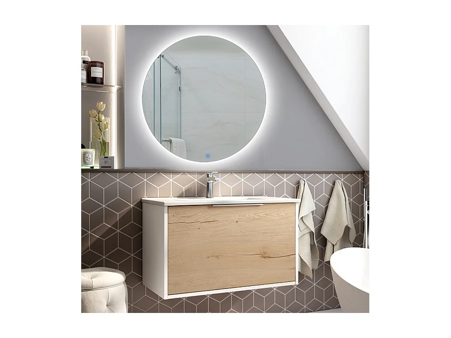 Meuble de salle de bain simple vasque - 1 façade et 2 tiroirs - ALBA et miroir rond SOLEN - blanc - 80cm