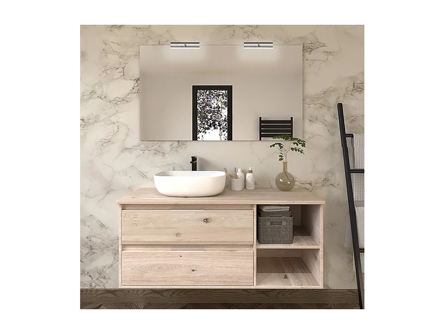 Meuble de salle de bain OLYMPE avec vasque à poser arrondie et miroir avec appliques - Cambrian (chêne) - 120cm