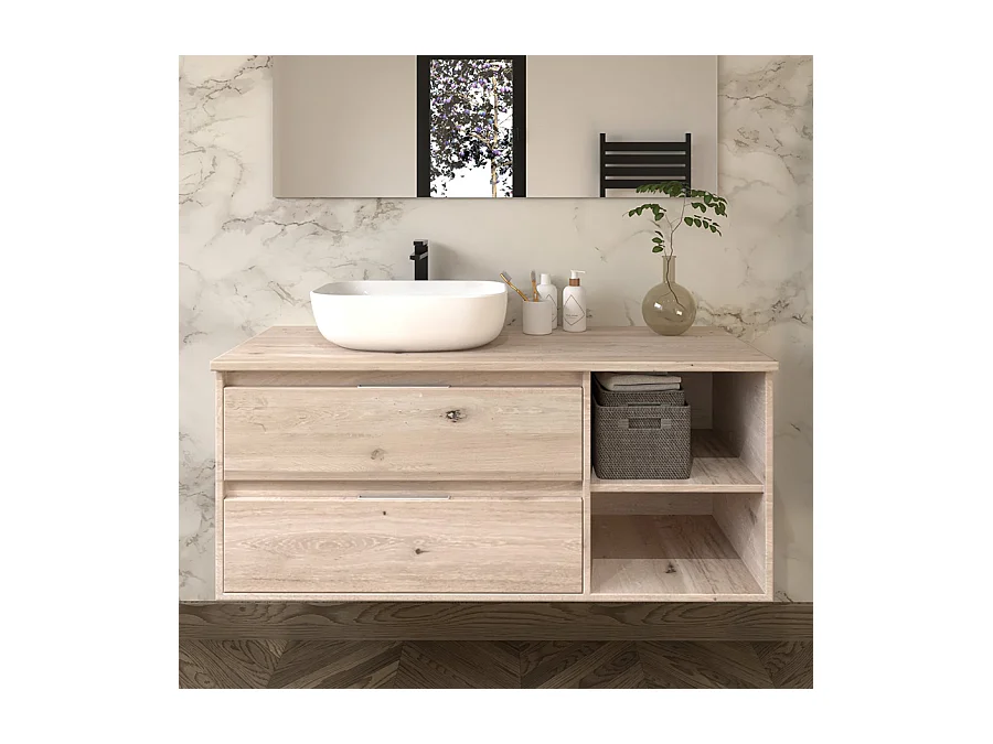 Meuble de salle de bain OLYMPE avec vasque à poser arrondie et miroir avec appliques - Cambrian (chêne) - 120cm