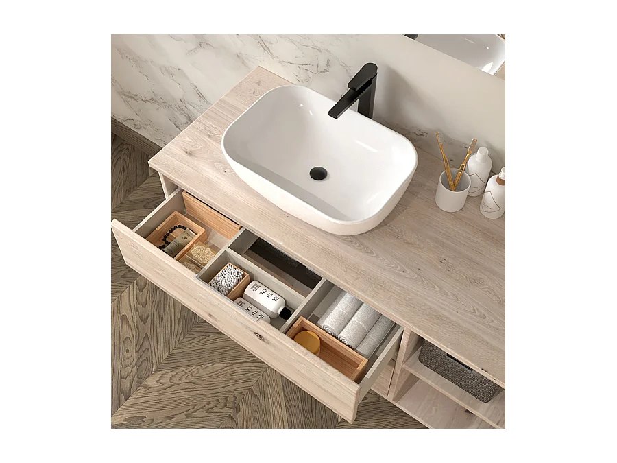 Meuble de salle de bain OLYMPE avec vasque à poser arrondie et miroir avec appliques - Cambrian (chêne) - 120cm