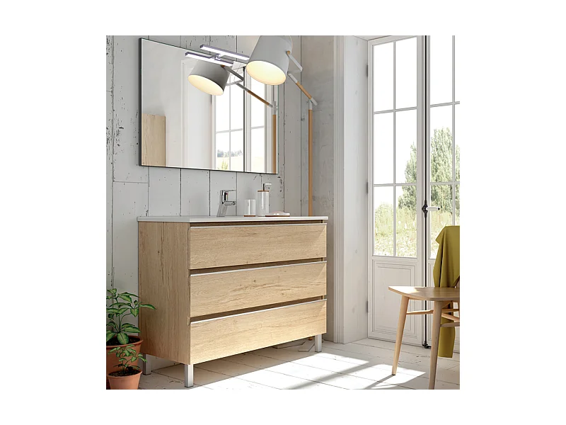 Meuble de salle de bain 70cm simple vasque - 3 tiroirs - PALMA - bambou (chêne clair)