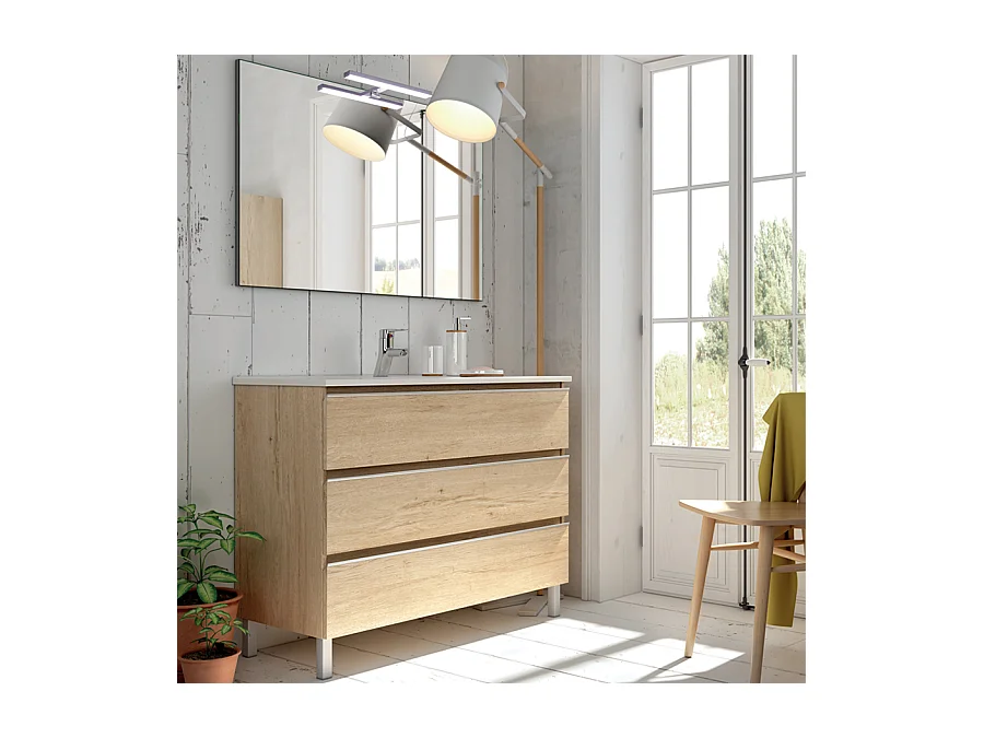 Meuble de salle de bain 70cm simple vasque - 3 tiroirs - PALMA - bambou (chêne clair)