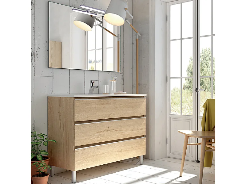 Meuble de salle de bain 70cm simple vasque - 3 tiroirs - PALMA - bambou (chêne clair)