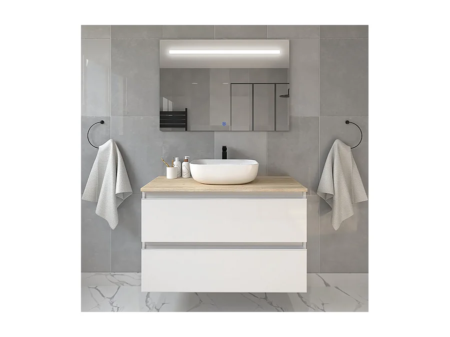 Meuble de salle de bain avec vasque à poser arrondie BALEA et miroir Led STAM - Blanc - 100cm
