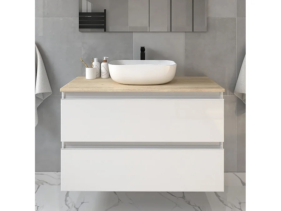 Meuble de salle de bain avec vasque à poser arrondie BALEA et miroir Led STAM - Blanc - 100cm