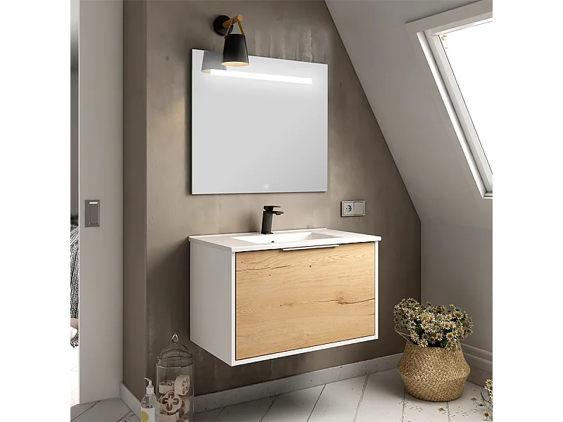 Meuble de salle de bain simple vasque - 1 façade et 2 tiroirs - ALBAet miroir STAM - blanc-Chêne - 80cm