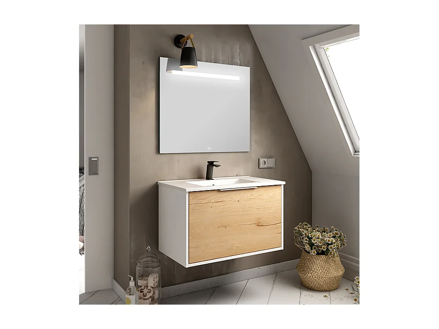Meuble de salle de bain simple vasque - 1 façade et 2 tiroirs - ALBAet miroir STAM - blanc-Chêne - 80cm