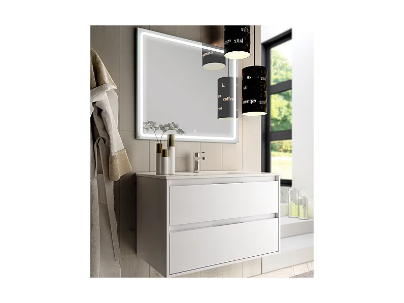 Meuble de salle de bain simple vasque - 2 tiroirs - IRIS et miroir Led VELDI - blanc - 100cm
