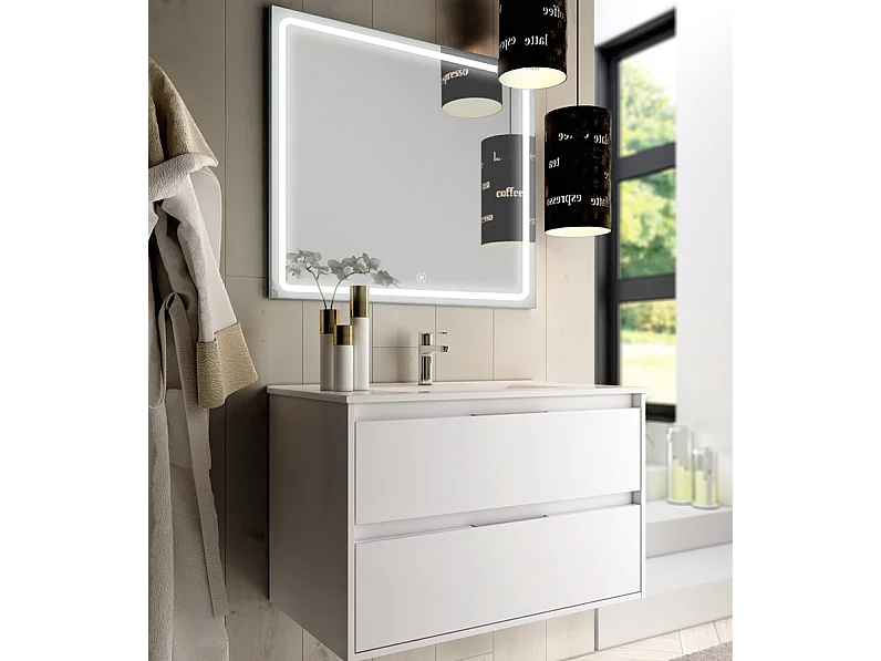 Meuble de salle de bain simple vasque - 2 tiroirs - IRIS et miroir Led VELDI - blanc - 100cm