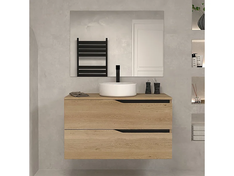 Meuble de salle de bain 100 avec plateau et vasque à poser - 2 tiroirs - madera miel (bois clair) - LUNA