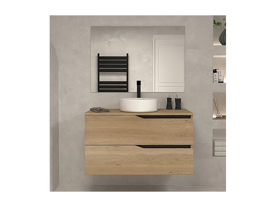 Meuble de salle de bain 100 avec plateau et vasque à poser - 2 tiroirs - madera miel (bois clair) - LUNA