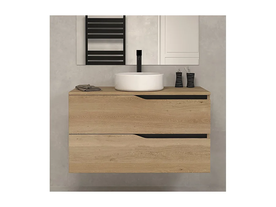 Meuble de salle de bain 100 avec plateau et vasque à poser - 2 tiroirs - madera miel (bois clair) - LUNA