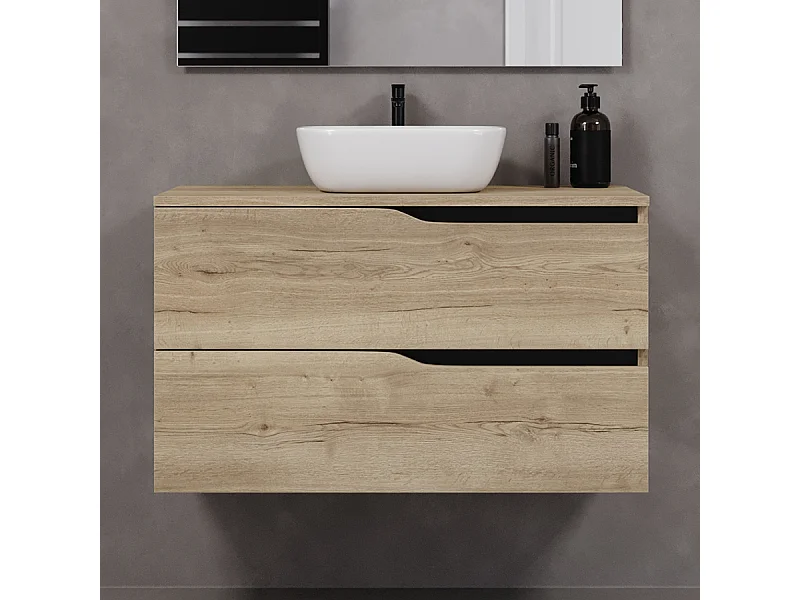 Meuble de salle de bain 90cm avec plateau et vasque à poser zeus - 2 tiroirs - sans miroir - madera miel (chêne clair) - LUNA