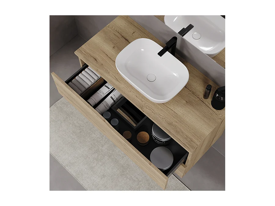 Meuble de salle de bain 90cm avec plateau et vasque à poser zeus - 2 tiroirs - sans miroir - madera miel (chêne clair) - LUNA