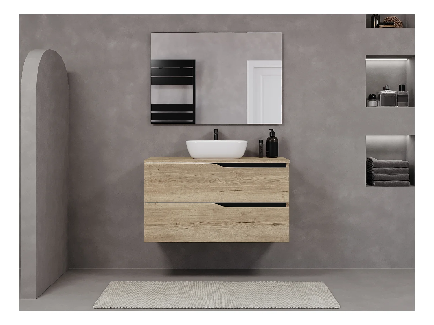 Meuble de salle de bain 90cm avec plateau et vasque à poser zeus - 2 tiroirs - sans miroir - madera miel (chêne clair) - LUNA